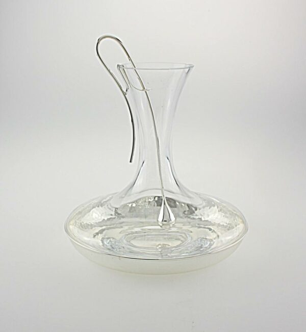 DECANTER IN CRISTALLO CON VASSOIO E PURIFICATORE IN ARGENTO TRILAMINATO        Cm 28x22