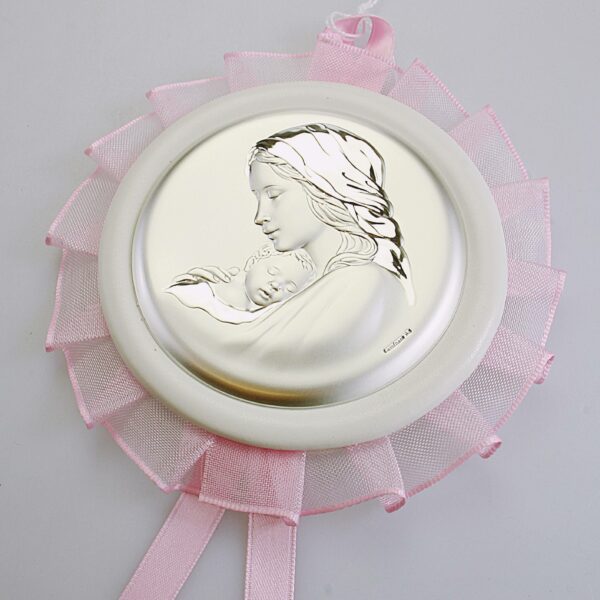 MEDAGLIONE CON BLASONE IN ARGENTO MADONNA Diam. Cm 12